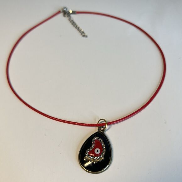 Handmade Evil Eye Resin Pendant Necklace Black Red 20" Red Waxed Cord - Picture 3 of 4